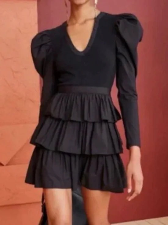 Ulla Johnson Black Puff-Sleeve Tiered Ruffle Mini Dress - Picture 1 of 3